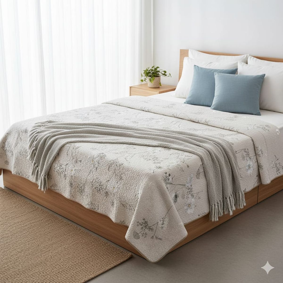 GENERICO - CUBRECAMA QUILT DE VERANO DELGADO DISEÑO FLORES BLANCA 1.5 PLAZA 100% ALGODON