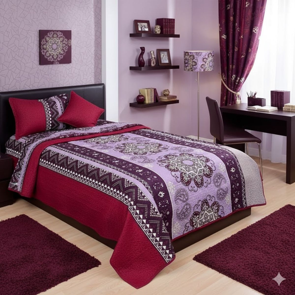 GENERICO - CUBRECAMA QUILT DE VERANO DELGADO DISEÑO LILA MANDALA 2 PLAZA 100% ALGODON