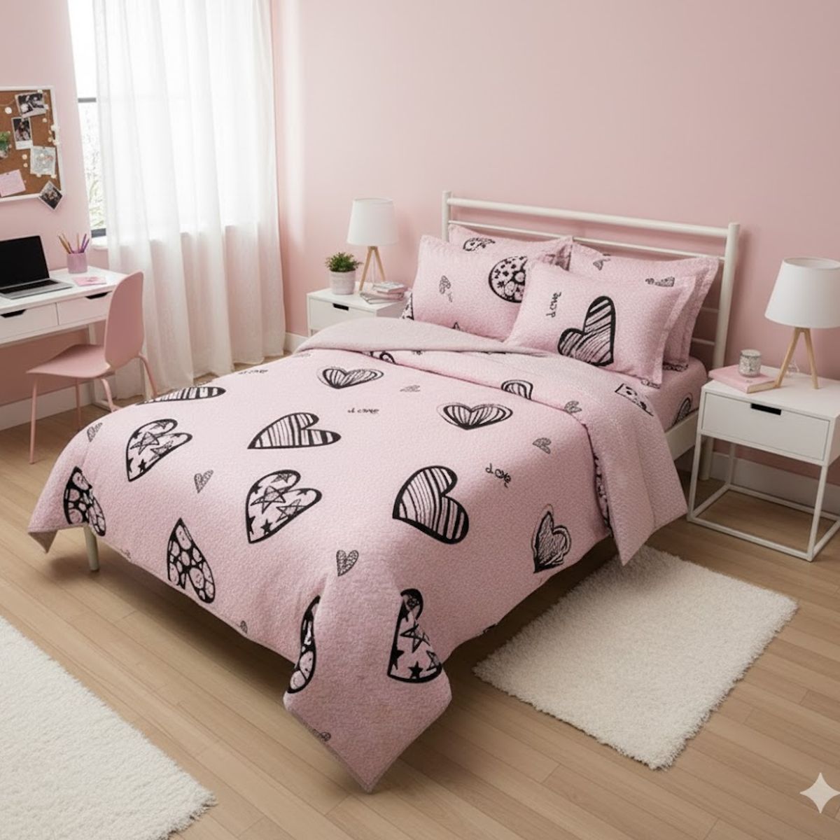 GENERICO - CUBRECAMA QUILT DE VERANO DELGADO DISEÑO ROSA CORAZON NEGRO 2 PLAZA 100% ALGODON