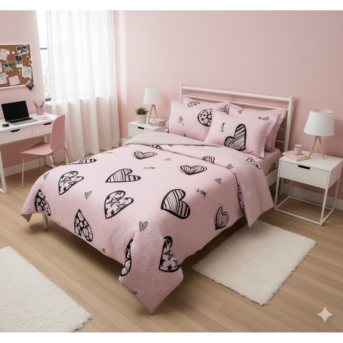 GENERICO - CUBRECAMA QUILT DE VERANO DELGADO DISEÑO ROSA CORAZON NEGRO 2 PLAZA 100% ALGODON