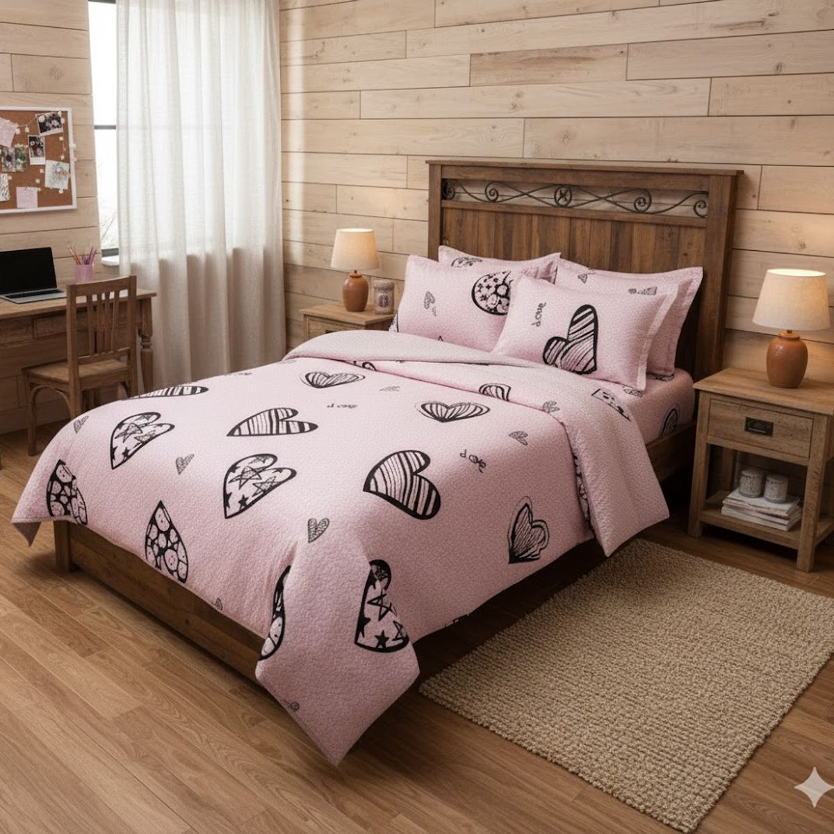 GENERICO - CUBRECAMA QUILT DE VERANO DELGADO DISEÑO ROSA CORAZON NEGRO 2 PLAZA 100% ALGODON