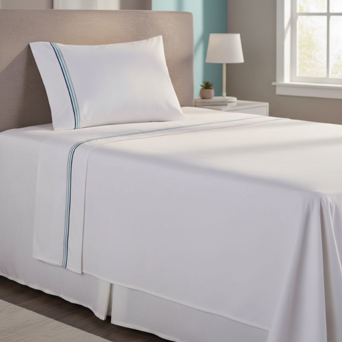 MASHINI - Sábana 144 Hilos Bordada Line Azul  Algodón Poliéster 1,5 Plazas