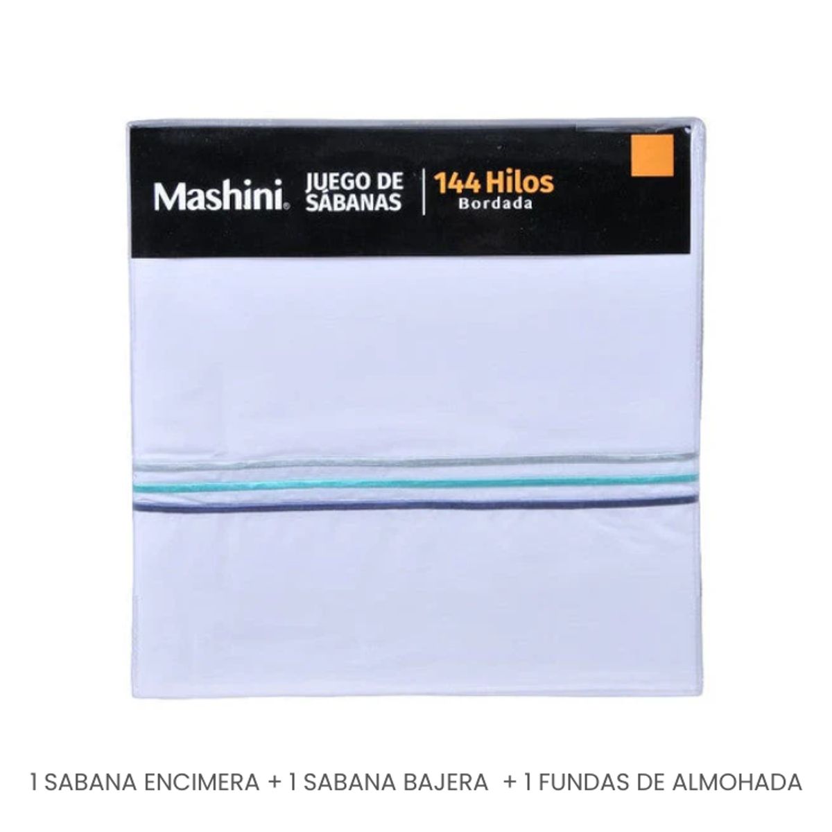 MASHINI - Sábana 144 Hilos Bordada Line Azul  Algodón Poliéster 1,5 Plazas