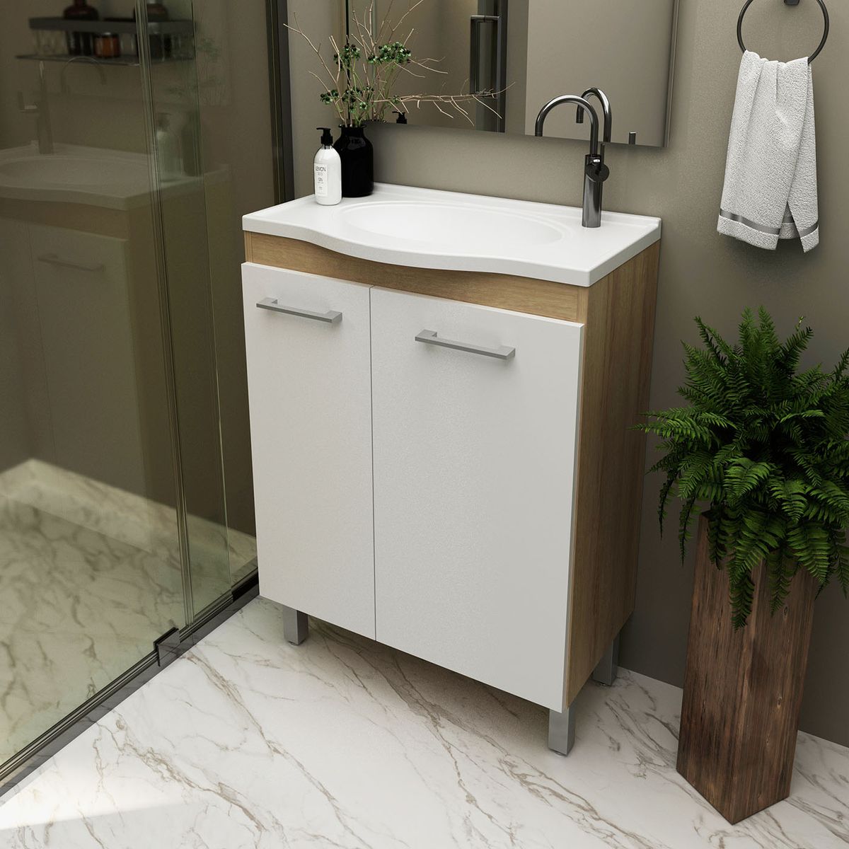 TECNOMOBILI - Mueble de Baño 2 Puertas con Lavamanos Blanco/Almendra 60x84.3x35 cm