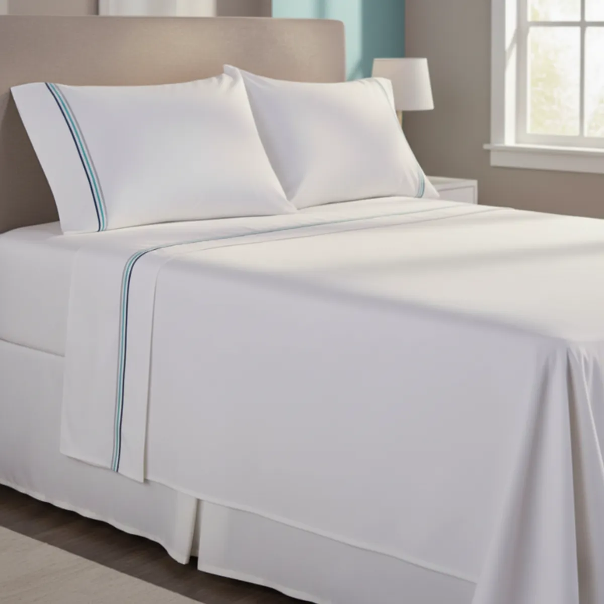 MASHINI - Sábana 144 Hilos Bordada Line Azul Algodón Poliéster 2 Plazas