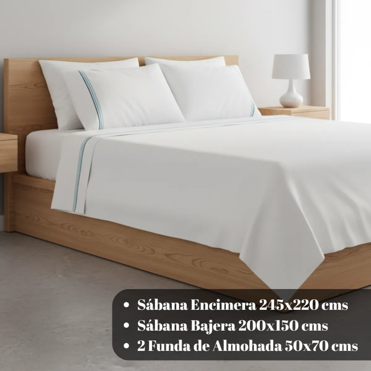 MASHINI - Sábana 144 Hilos Bordada Line Azul Algodón Poliéster 2 Plazas