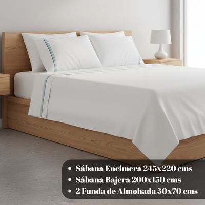 Imagen 2 del producto Sábana 144 Hilos Bordada Line Azul Algodón Poliéster 2 Plazas