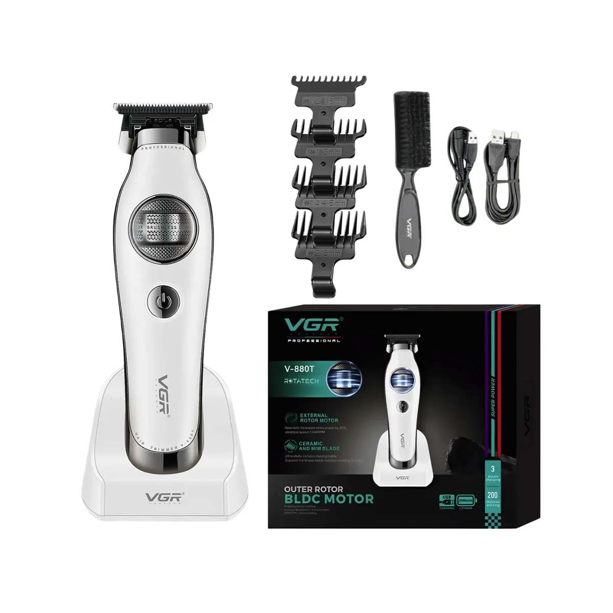 VGR VOYAGER - Maquina Patillera Trimmer VGR880T Rotatech 7200RPM Blanco