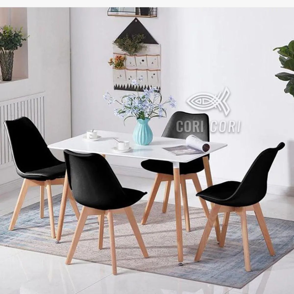 CORI CORI - Juego de Comedor Mesa Rectangular Melamina Blanca 130x80cm + 4 Sillas Tulip