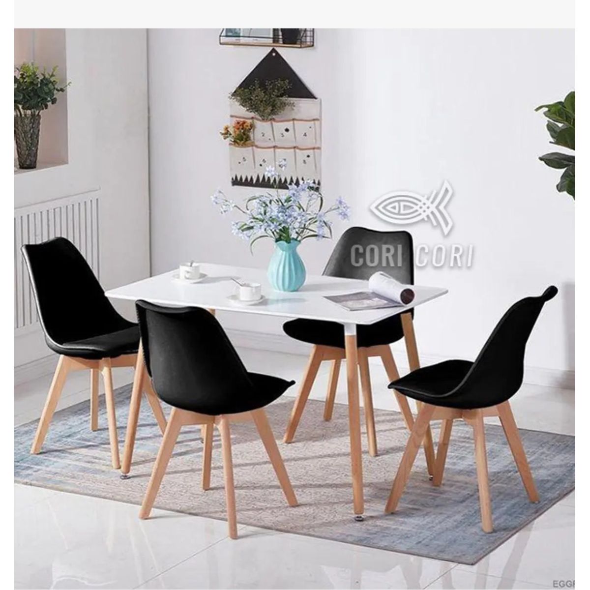 CORI CORI - Juego de Comedor Mesa Rectangular Melamina Blanca 130x80cm + 4 Sillas Tulip