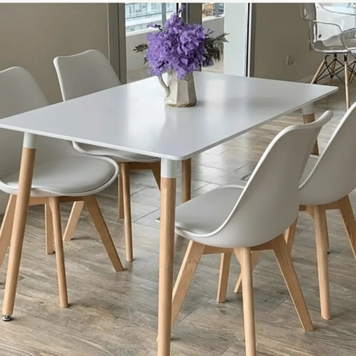 CORI CORI - Juego de Comedor Mesa Rectangular Melamina Blanca 130x80cm + 4 Sillas Tulip
