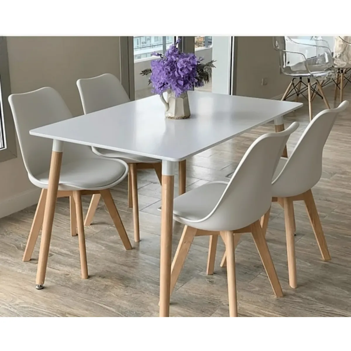 CORI CORI - Juego de Comedor Mesa Rectangular Melamina Blanca 130x80cm + 4 Sillas Tulip