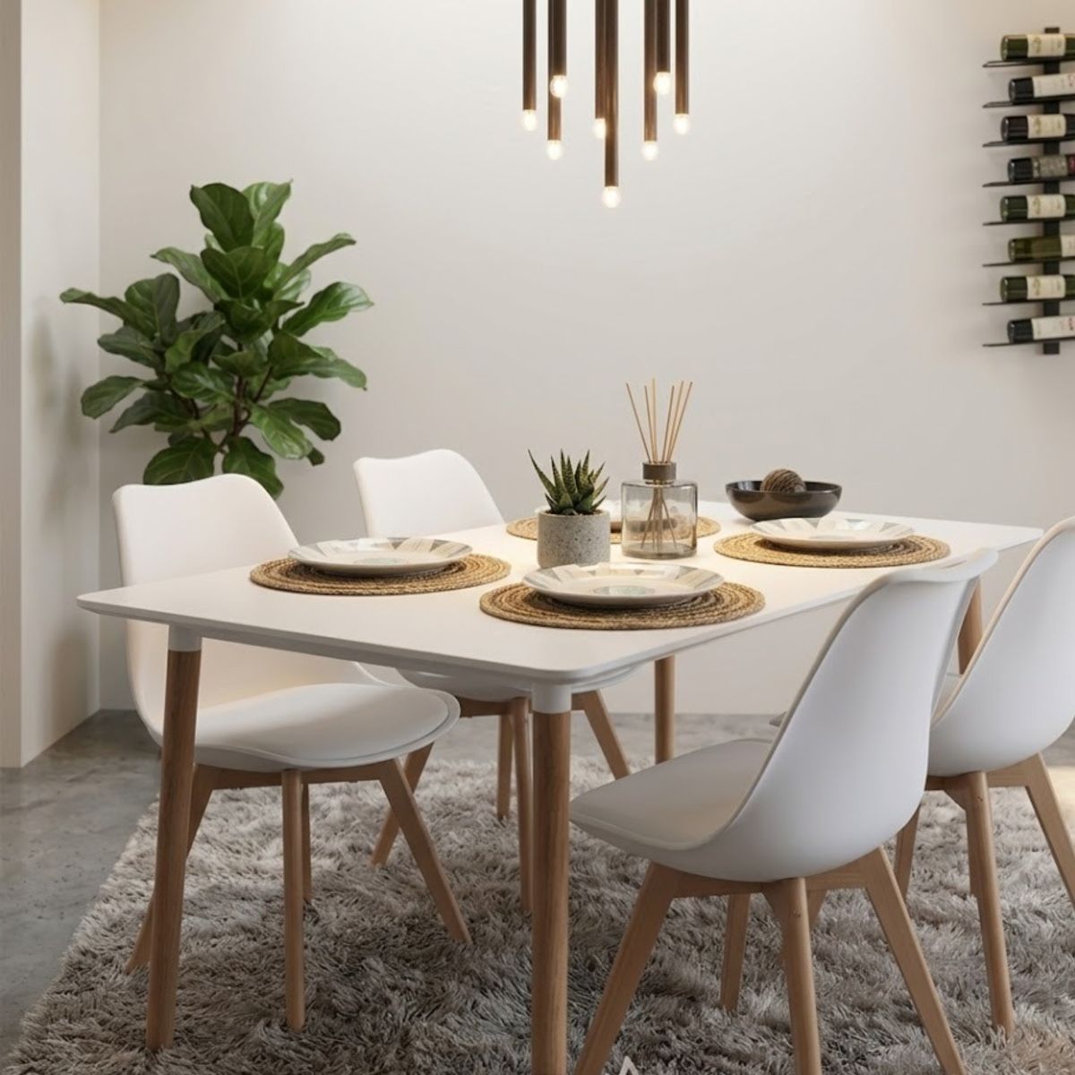 CORI CORI - Juego de Comedor Mesa Rectangular Melamina Blanca 130x80cm + 4 Sillas Tulip