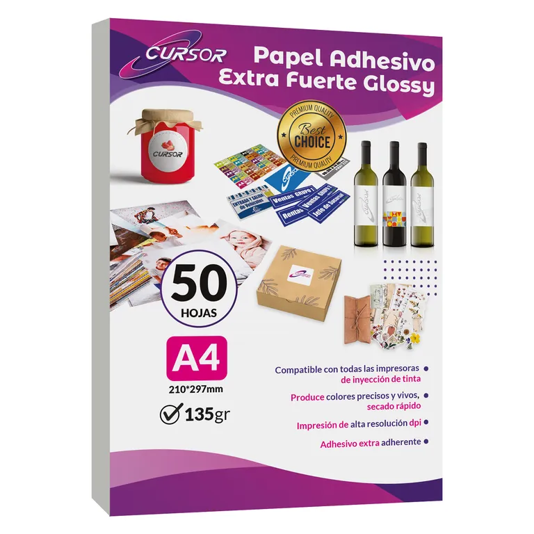 PAPEL GLOSSY ADHESIVO EXTRAFUERTE A4 50H - Blanco - A4