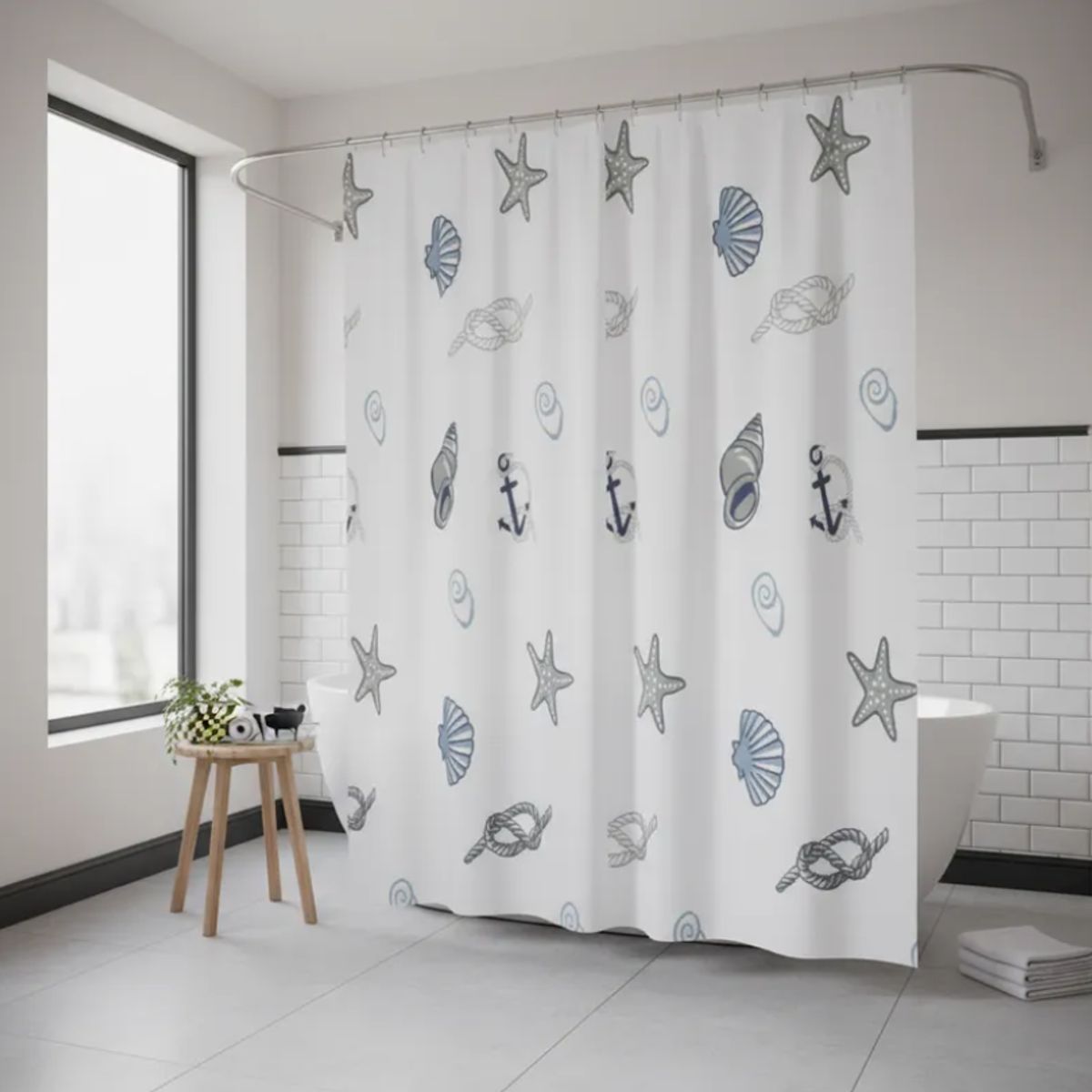 GENERICO - Cortina de ducha con estampado conchas y estrellas de mar