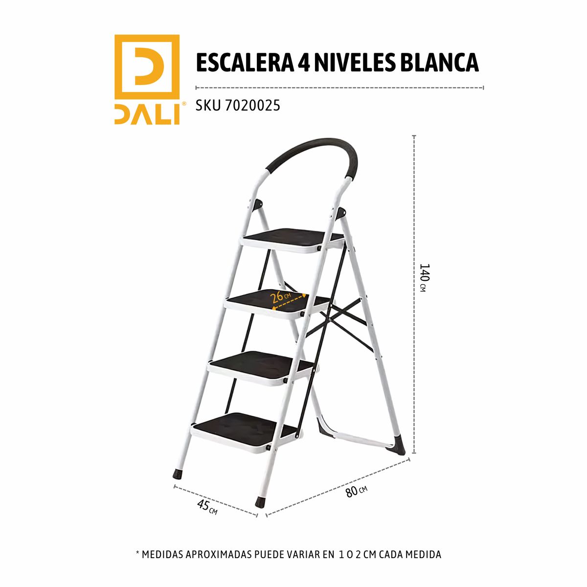 GENERICO - Escalera Plegable 4 Peldaños – Metal Resistente 150 kg Blanco