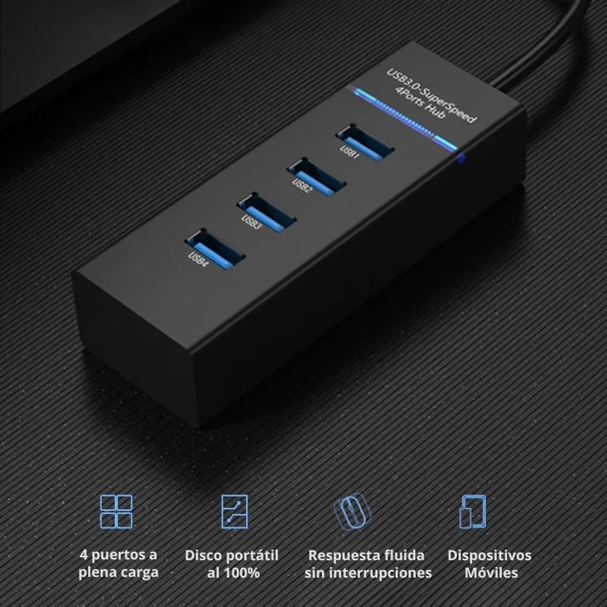 GENERICO - HUB USB 4 Puertos 3.0 (5Gbps, 30cm, Led Indicador) – Negro