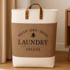 GENERICO - Cesta Canasto para ropa sucia Diseño Deluxe con asas de cuero Marron