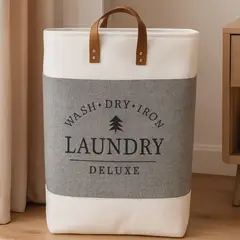 GENERICO - Cesta Canasto para ropa sucia Diseño Deluxe con asas de cuero Gris