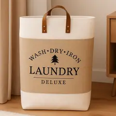 GENERICO - Cesta Canasto para ropa sucia Diseño Deluxe con asas de cuero Beige