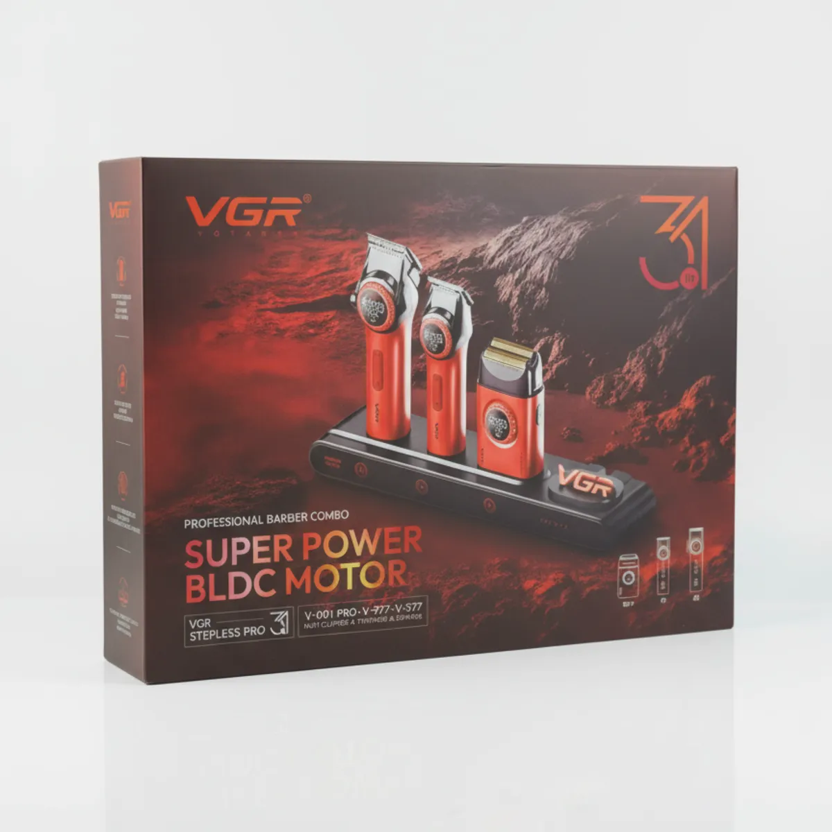 VGR - Barber Combo VGR Cortapelo, Patillera Y Afeitadora Stepless 3 ROJO