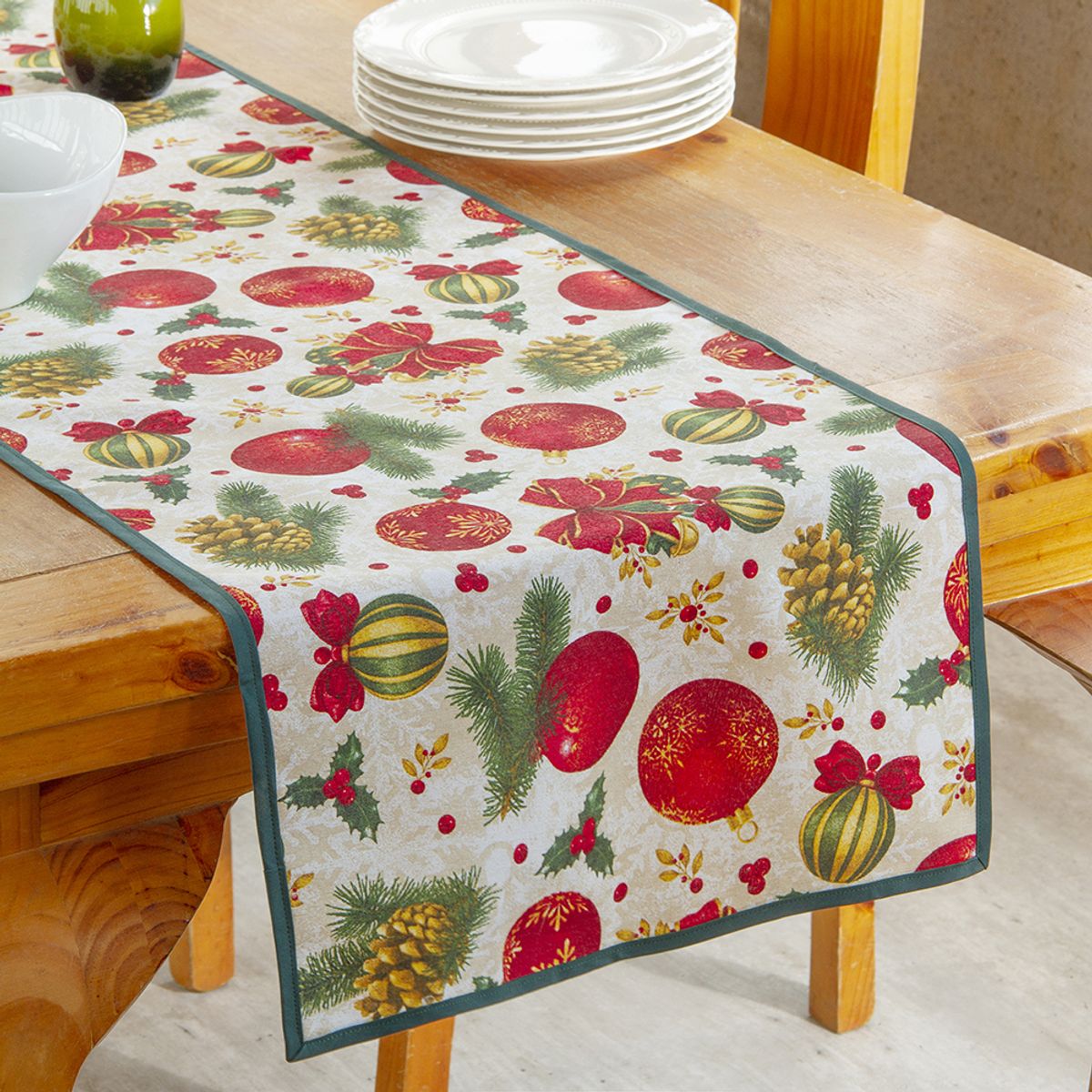 MASEL - Camino de mesa Lona española estampada Navidad Esferas