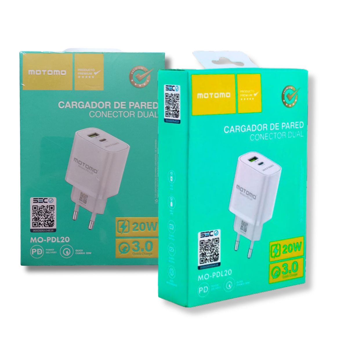 MOTOMO - Cargador Rápido 20W PD + QC30  USB-A + USB-C  Blanco