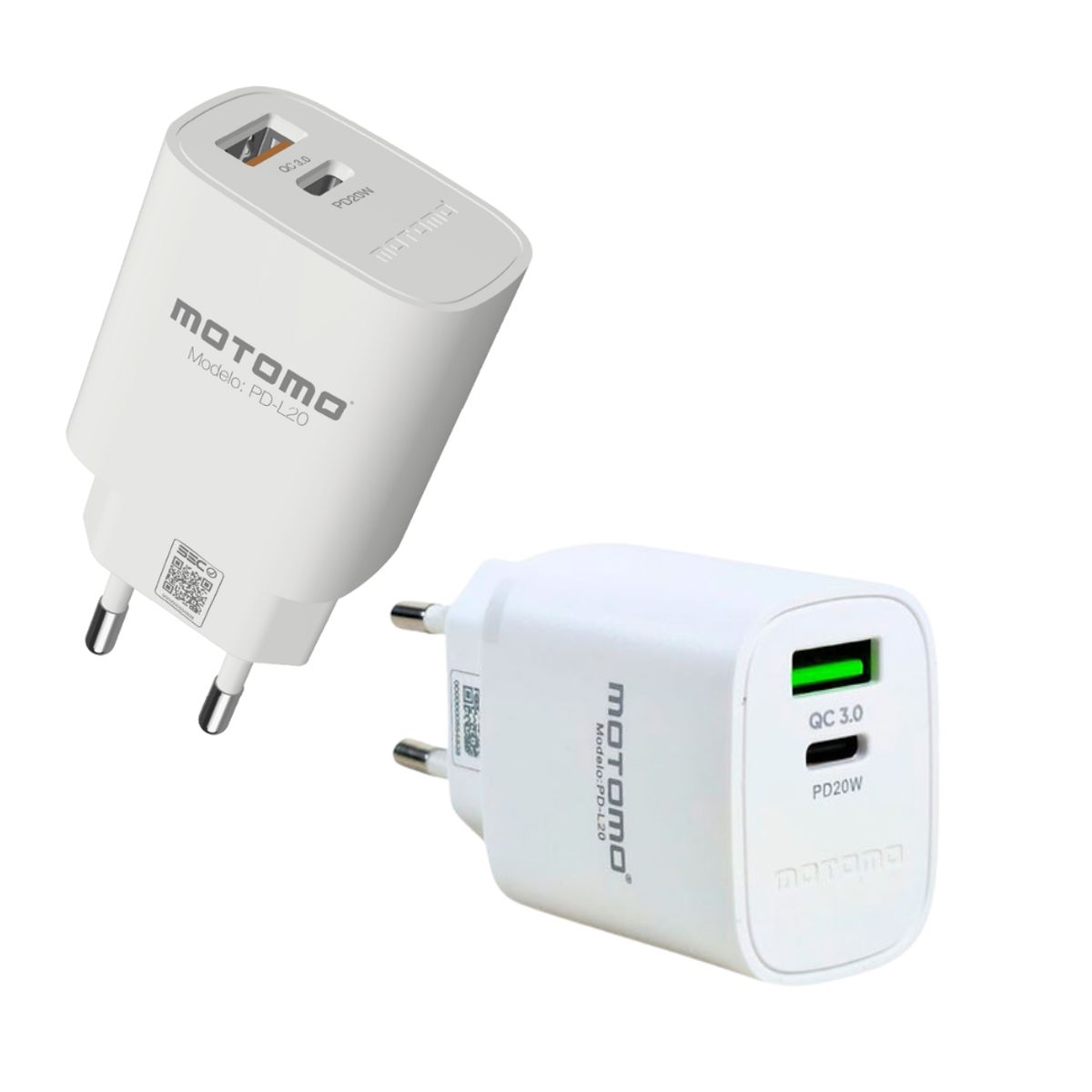 MOTOMO - Cargador Rápido 20W PD + QC30  USB-A + USB-C  Blanco