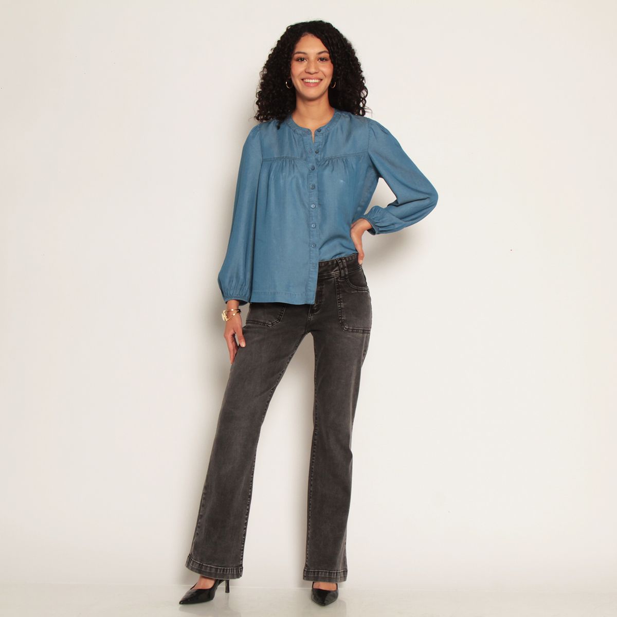 WADOS - BLUSA MANGA LARGA LYOCELL ESCOTE REDONDO ABOTONDA EN DELANTERO