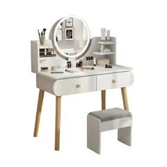 MOVI - Tocador de Maquillaje con Espejo Redondo y Bandejas Laterales
