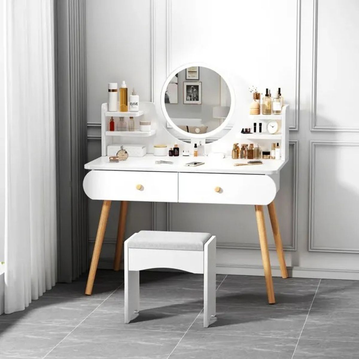 MOVI - Tocador o Mesa de Maquillaje, Espejo con Luz LED, 2 Cajones y Asiento