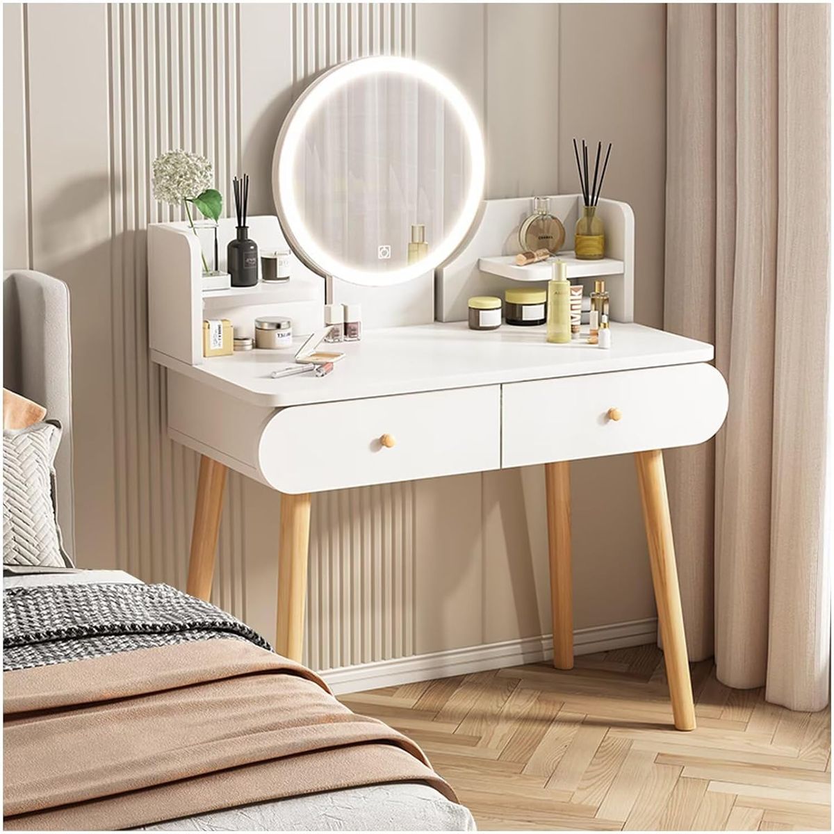 MOVI - Tocador o Mesa de Maquillaje, Espejo con Luz LED, 2 Cajones y Asiento