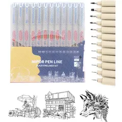 KUANGYE - 12 Piezas Bolígrafos de Dibujo Negros Bolígrafos de Tinta Estilógrafo con Punta Fina de 0.2-3 MM