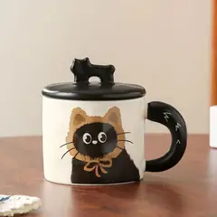 SUKEA - Taza Ceramica Disenado de Gato Con Caja Regalo 360ml Marron Claro