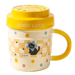 SUKEA - Taza Hermoso Vaso Dibujado Gato De Ceramica 420ml Amarillo