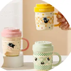 SUKEA - Taza Hermoso Vaso Dibujado Gato De Ceramica 420ml Rosado