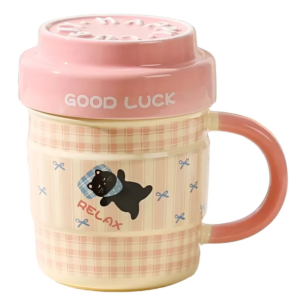 SUKEA - Taza Hermoso Vaso Dibujado Gato De Ceramica 420ml Rosado