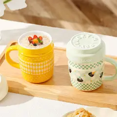 SUKEA - Taza Hermoso Vaso Dibujado Gato De Ceramica 420ml Verde