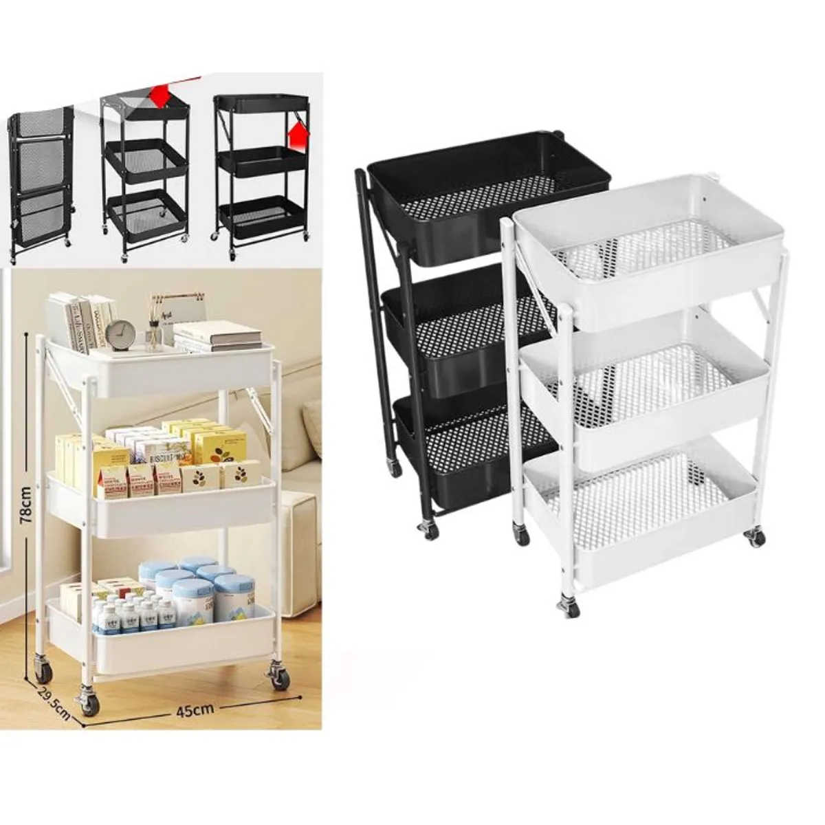 GENERICO - Carrito Plegable Multiuso Con Ruedas Bandejas y Estructura de Metal 78x45x29cm Negro
