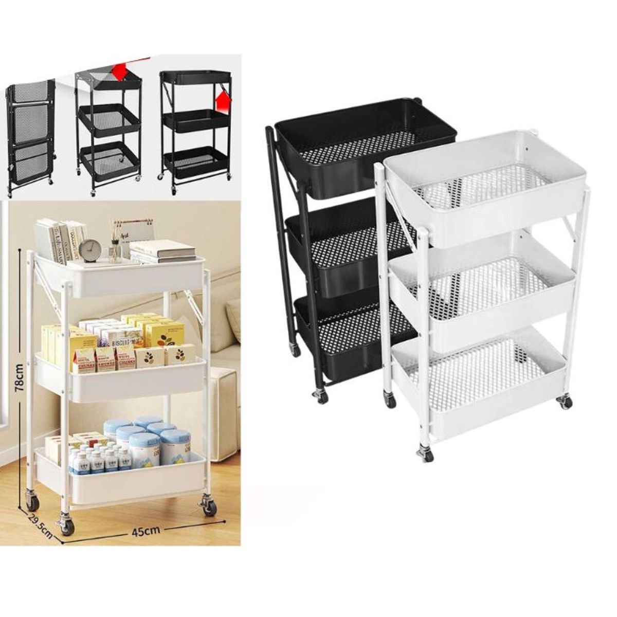GENERICO - Carrito Plegable Multiuso Con Ruedas Bandejas y Estructura de Metal 78x45x29cm Negro