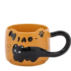 SUKEA - Taza Cerámica Diseño Gato Para Cafe 380 ml Naranja