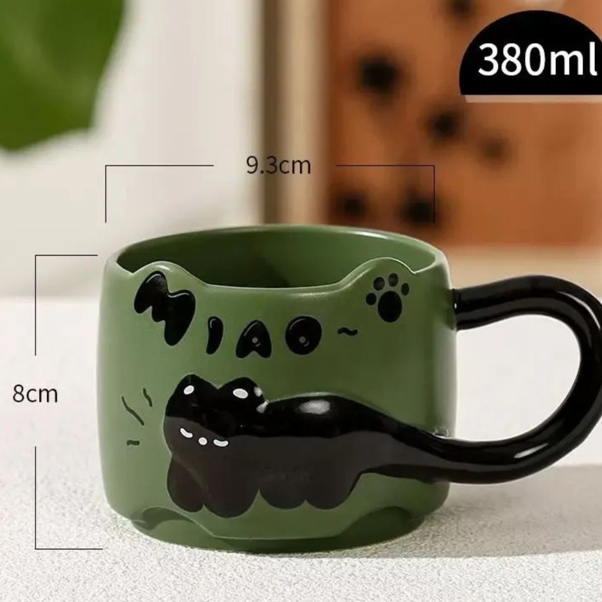 SUKEA - Taza Cerámica Diseño Gato Para Cafe 380 ml Verde