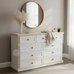 RUSTIC STYLE - COMODA MADERA 9 CAJONES BLANCA Y NATURAL CON TELESCOPICOS - Muebles Loreley