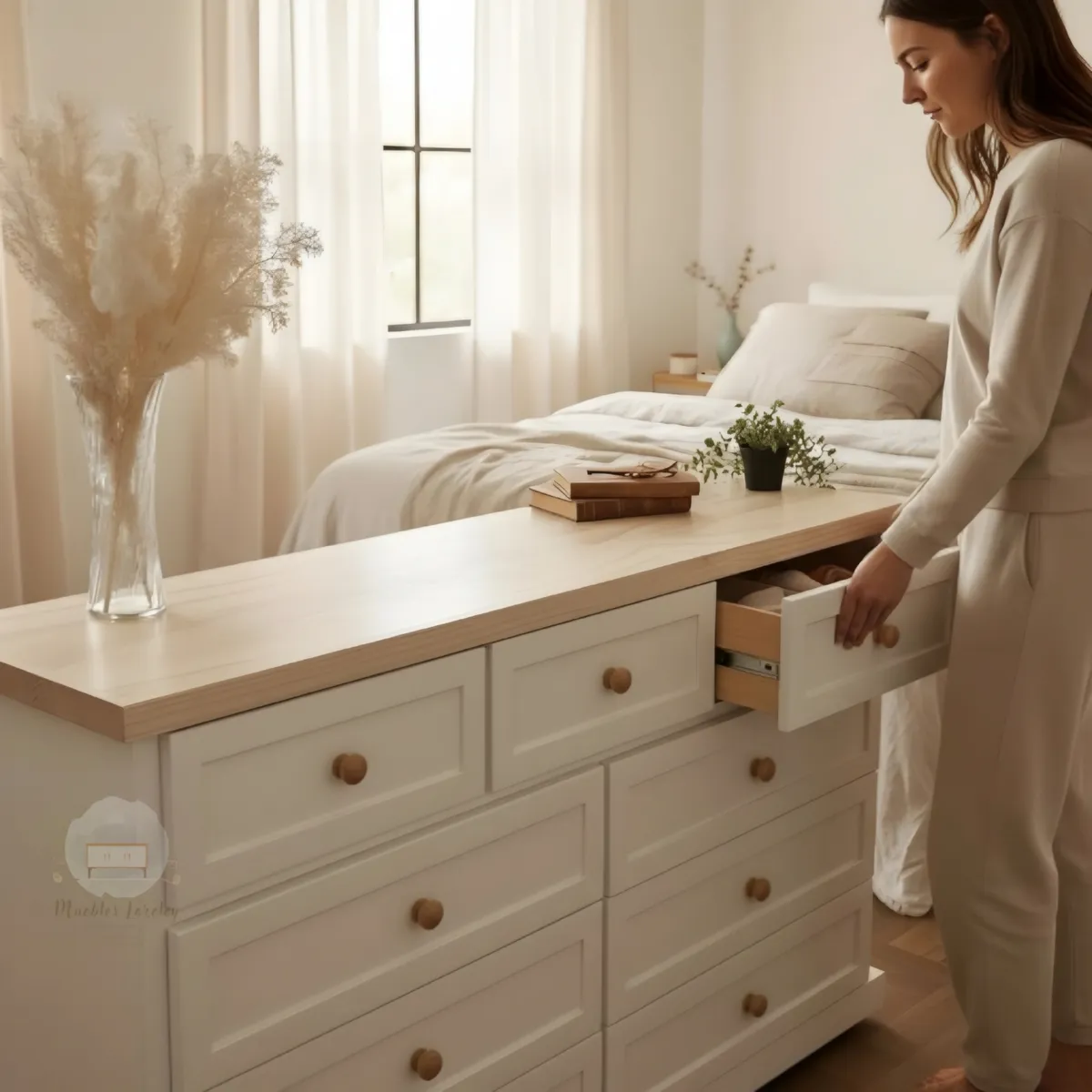 RUSTIC STYLE - COMODA MADERA 9 CAJONES BLANCA Y NATURAL CON TELESCOPICOS - Muebles Loreley