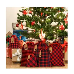 GENERICO - SET de 9 bolsas navideñas rojo y negro algodón y lino distintos tamaños