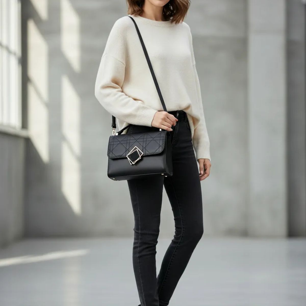 BOVINITA - Cartera Mujer Negra Con Diseño Acolchado Y Hebilla Dorada