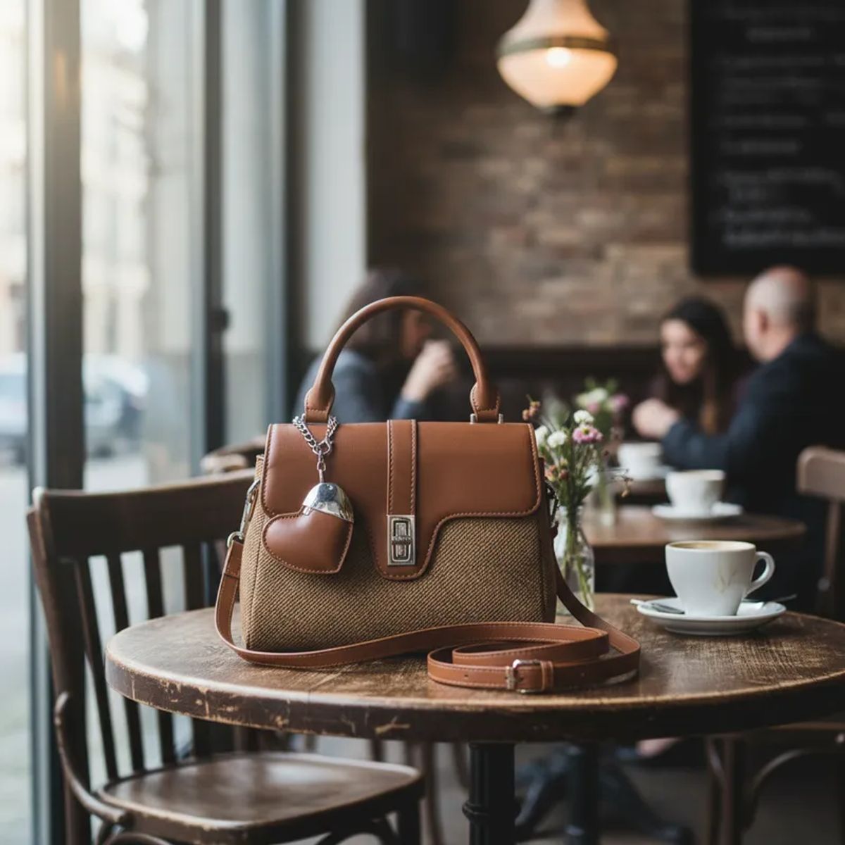 BOVINITA - Cartera Café Camel Detalles Metálicos Charm Corazon Regalo