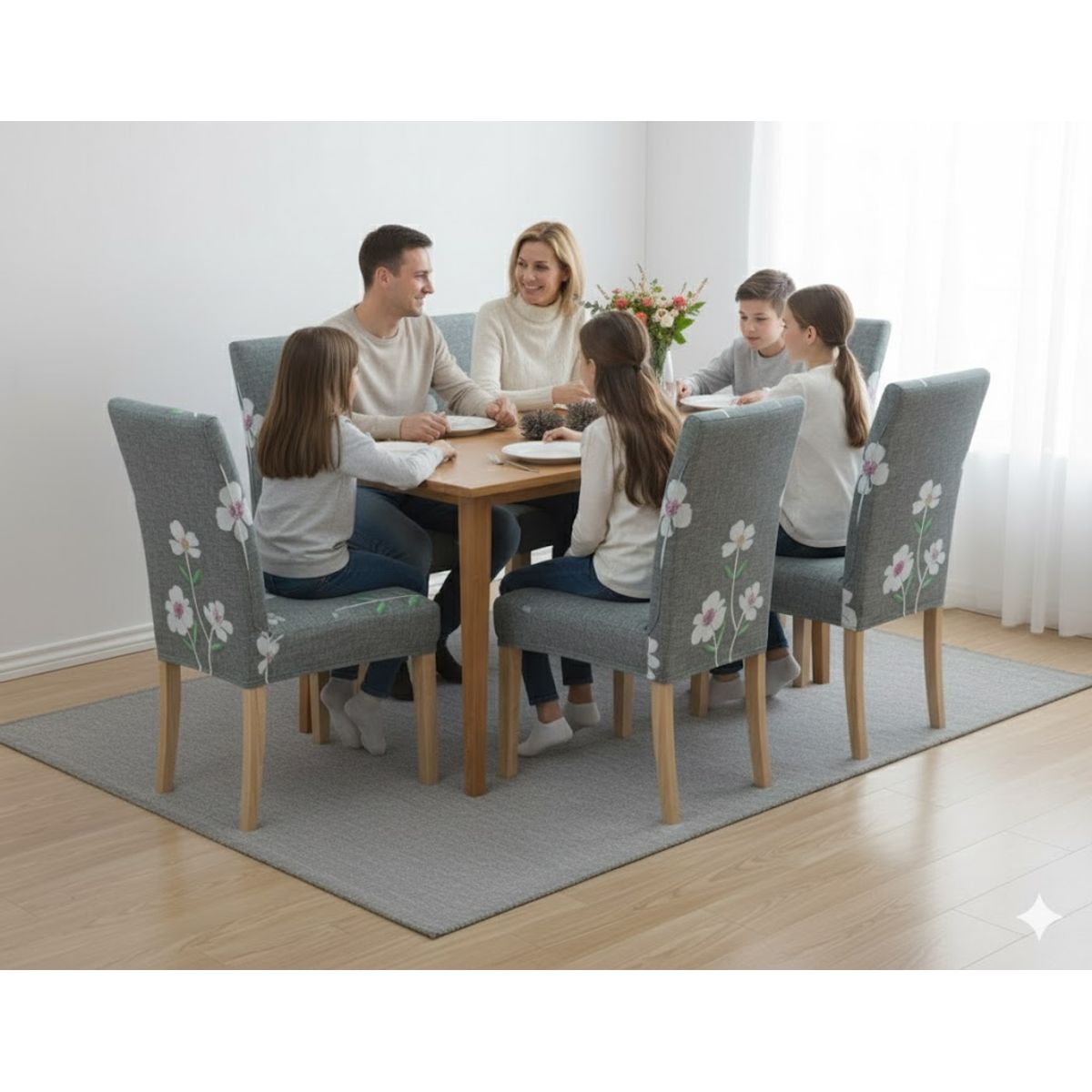 GENERICO - FUNDA  CON DISEÑO  GRIS FLORES PARA SILLAS  6 UNIDADES ELASTICA ELEGANTE, MODERNA AJUSTABLE DN