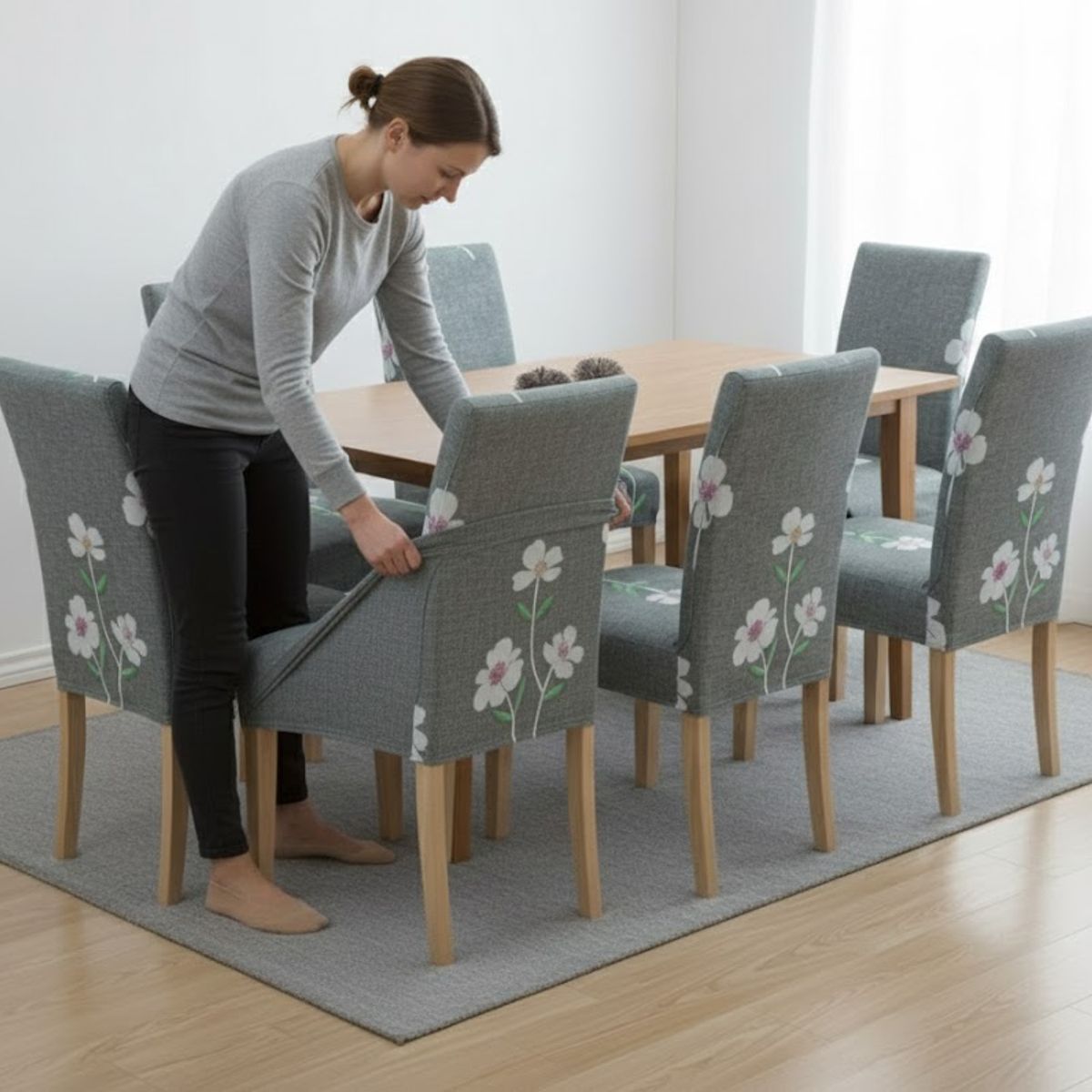 GENERICO - FUNDA  CON DISEÑO  GRIS FLORES PARA SILLAS  6 UNIDADES ELASTICA ELEGANTE, MODERNA AJUSTABLE DN