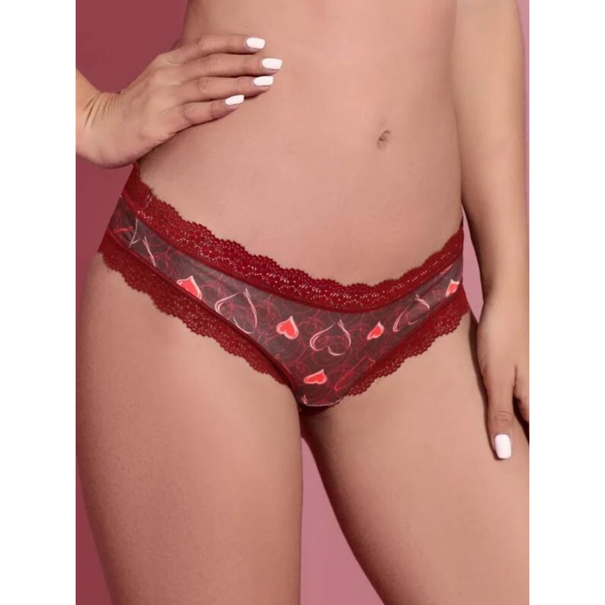 KIRAMA CLOTHING STORE - Tanga Burdeos con Encaje y Estampado de Corazones